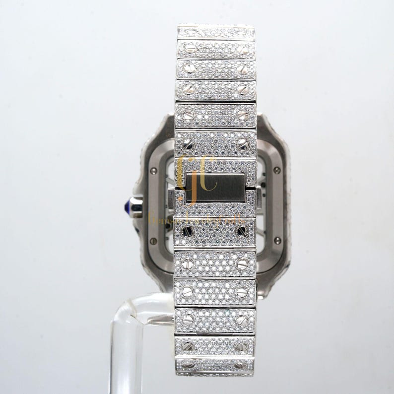 23.35CT Iced Out Round Cut Moissanite Diamond Watch, Fancy Custom Made Skeleton Square Dial Watch, Full Diamond Party Wear Watch For Him_3