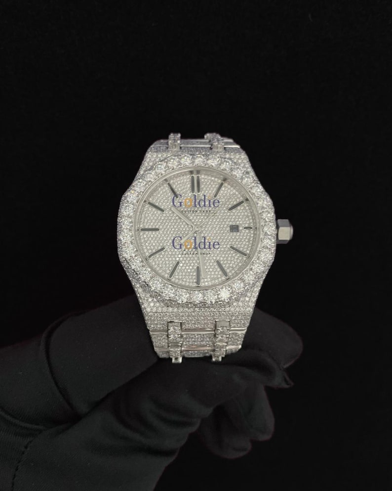 Iced Out Moissanite Automatic Watch, VVS1 Diamond Alternative, Handmade Hip Hop Luxury_1