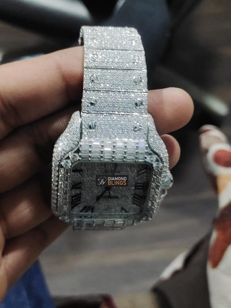 Iced Out VVS Moissanite Baguette Watch, Men's Bust Down Automatic Movement Wristwatch, Luxury Diamond Watch For Him, Hip Hop Jewelry For Him_5