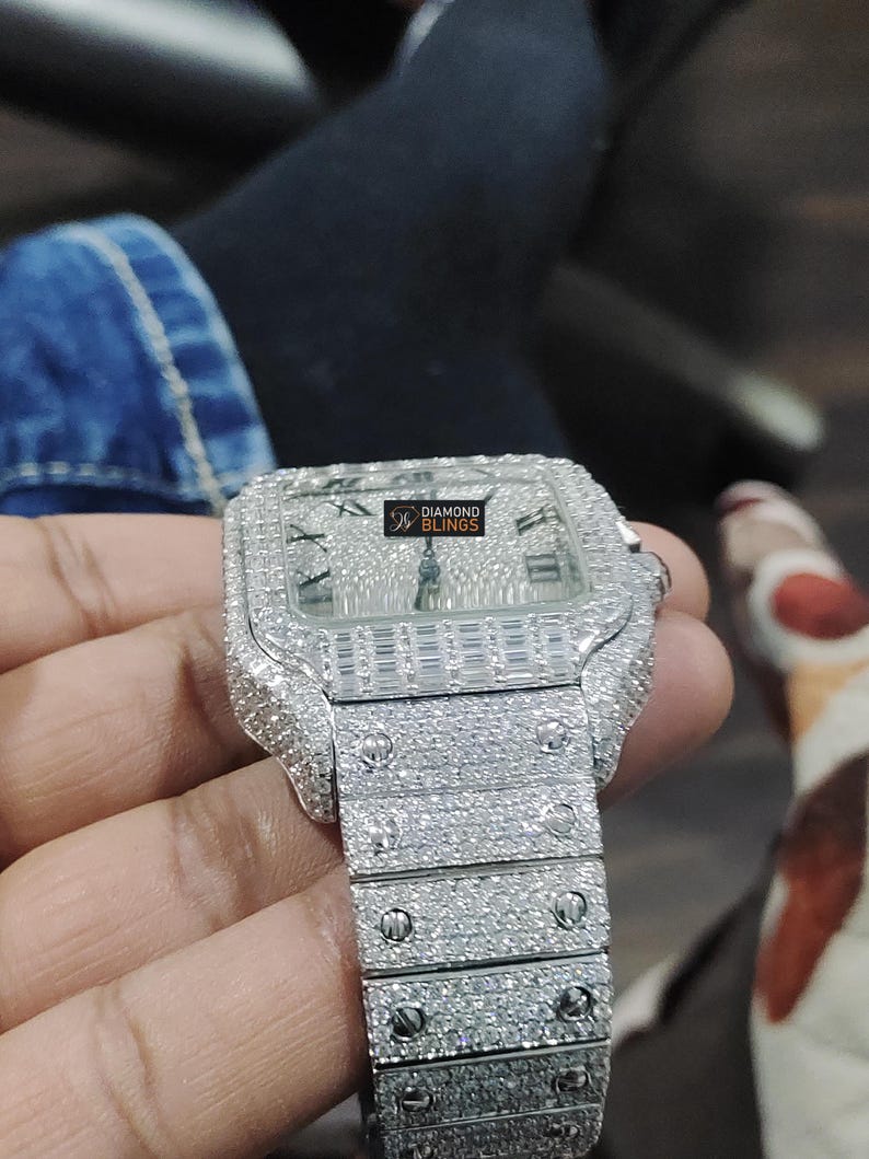 Iced Out VVS Moissanite Baguette Watch, Men's Bust Down Automatic Movement Wristwatch, Luxury Diamond Watch For Him, Hip Hop Jewelry For Him_1
