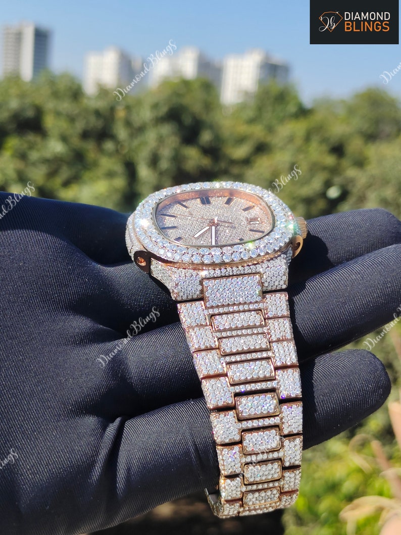 Iced Out VVS Moissanite Watch, White and Gold Automatic Bust Down Diamond, Mechanical Wristwatch, Luxury Diamond Watch Hip Hop Jewelry_4