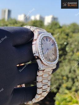 Iced Out VVS Moissanite Watch, White and Gold Automatic Bust Down Diamond, Mechanical Wristwatch, Luxury Diamond Watch Hip Hop Jewelry