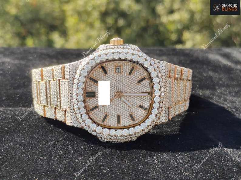 Iced Out VVS Moissanite Watch, White and Gold Automatic Bust Down Diamond, Mechanical Wristwatch, Luxury Diamond Watch Hip Hop Jewelry_1