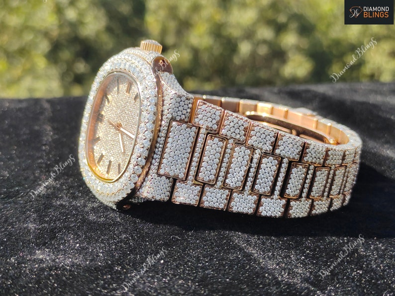 Iced Out VVS Moissanite Watch, White and Gold Automatic Bust Down Diamond, Mechanical Wristwatch, Luxury Diamond Watch Hip Hop Jewelry_2