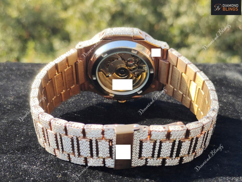 Iced Out VVS Moissanite Watch, White and Gold Automatic Bust Down Diamond, Mechanical Wristwatch, Luxury Diamond Watch Hip Hop Jewelry_8