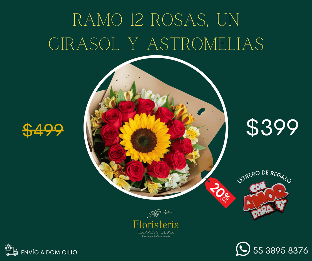 Ramo 12 rosas, un girasol y astromelias