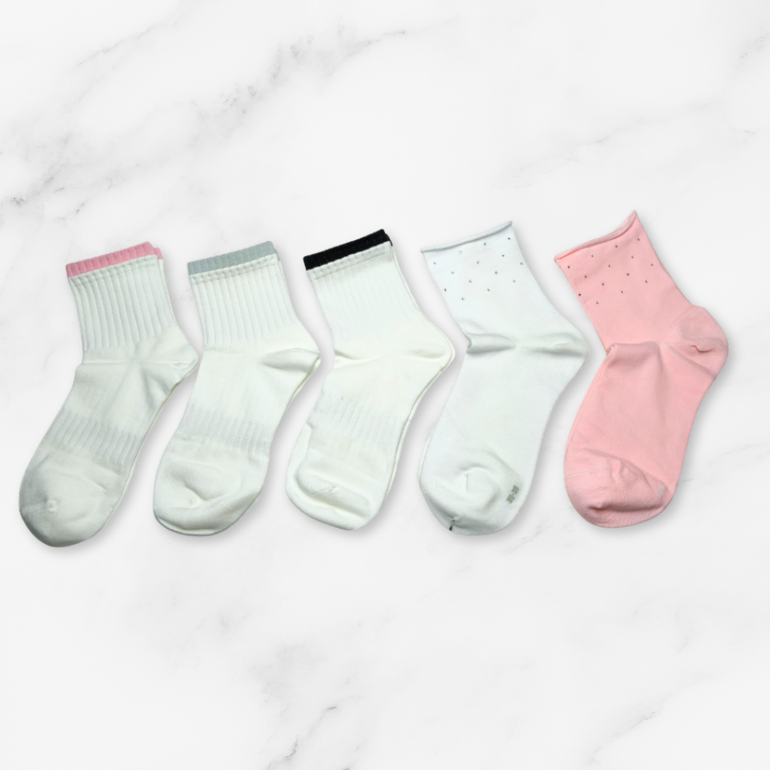 [10102] - 5 Pairs Women’s Cotton Blend Crew Socks – Breathable Stripes/Plain & Everyday Comfort _3