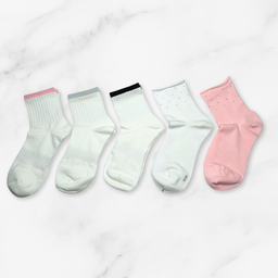 [10102] - 5 Pairs Women’s Cotton Blend Crew Socks – Breathable Stripes/Plain & Everyday Comfort 