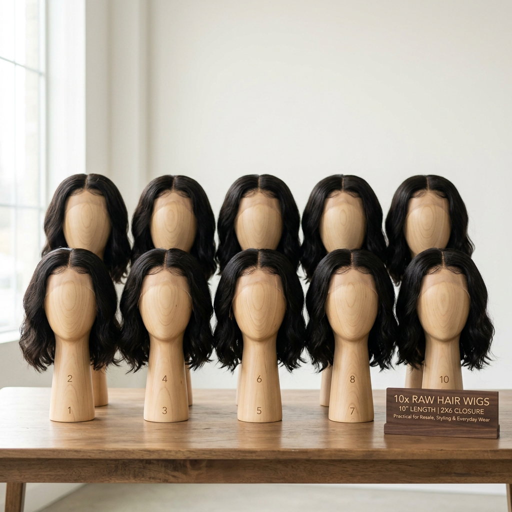 10 wigs, raw hair 10", wig closure 2X6