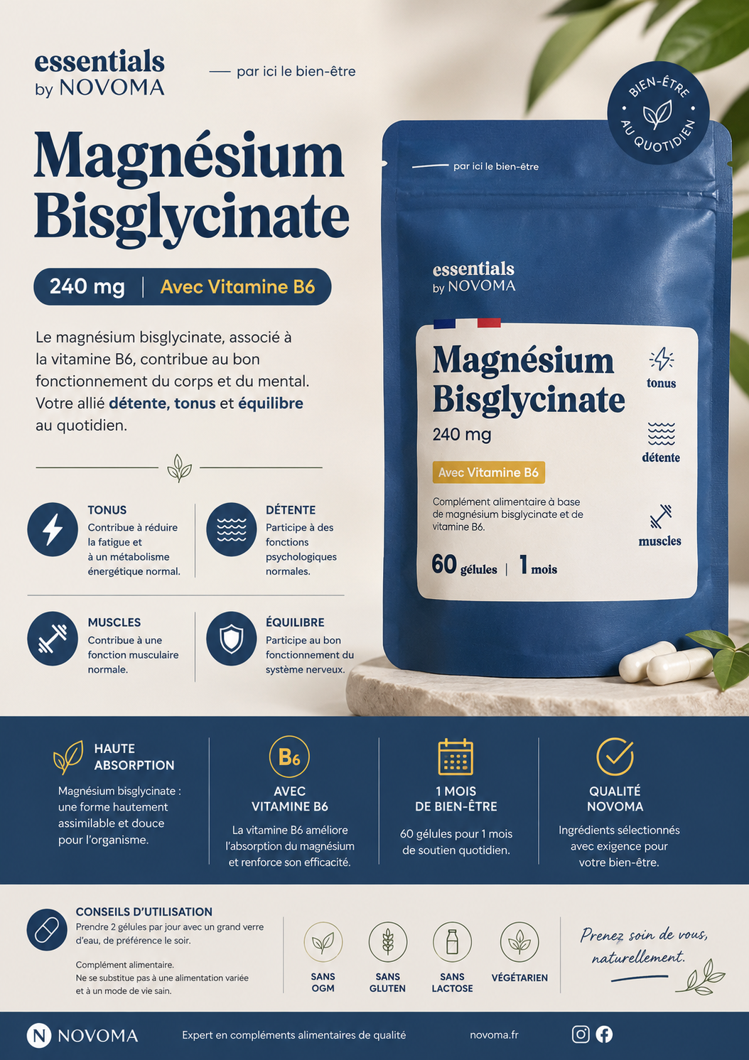Magnésium Bisglycinate 240 mg + Vitamine B6 – Essentials by Novoma_0