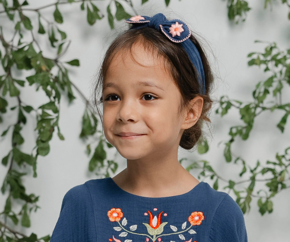 Embroidered Hair Band Bow - French Navy_1