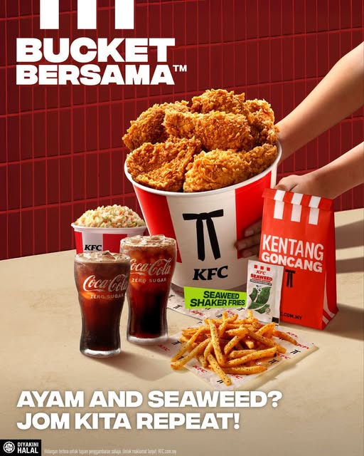 Pening nak order apa bila lepak? 🤔🍗 Jom kongsi KFC Bucket Bersama dengan geng!  Korang akan dapat 6pc ayam, 14oz Coleslaw, 2 Coke Zero, and pastinya bintang utama kita, Seaweed Shaker Fries dengan K-Lazatan yang confirm padu! 🤤🍟  Jom order sekarang! 🏃‍♂️_0