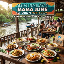 GERAI NASI AYAM MAMA JUNE TEPI SUNGAI  PARIT SULONG   Waktu Operasi: Sepanjang Hari: 12:15PM - 05:45PM 