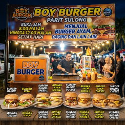 BOY BURGER PARIT SULONG BUKA JAM 8.OO MALAM HINGGA 12.00 MALAM SETIAP HARI