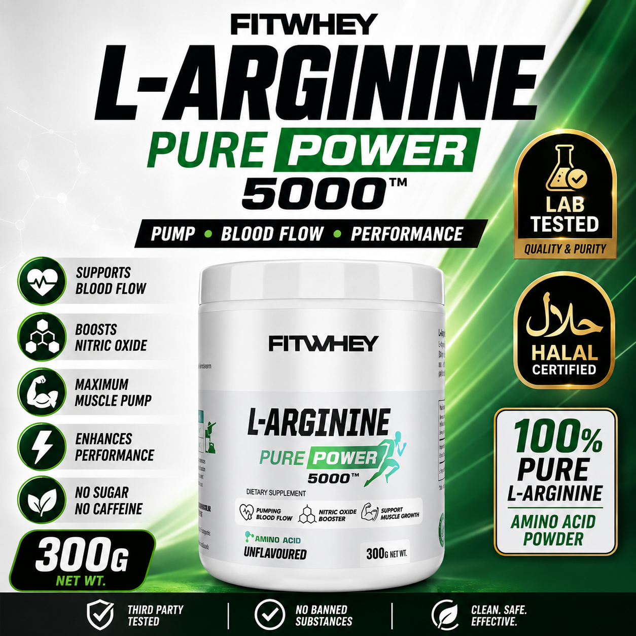 FITWHEY L-Arginine 5000 Pure Powder 300g | Pump & Nitric Oxide Support | No Stim_0