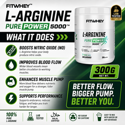 FITWHEY L-Arginine 5000 Pure Powder 300g | Pump & Nitric Oxide Support | No Stim