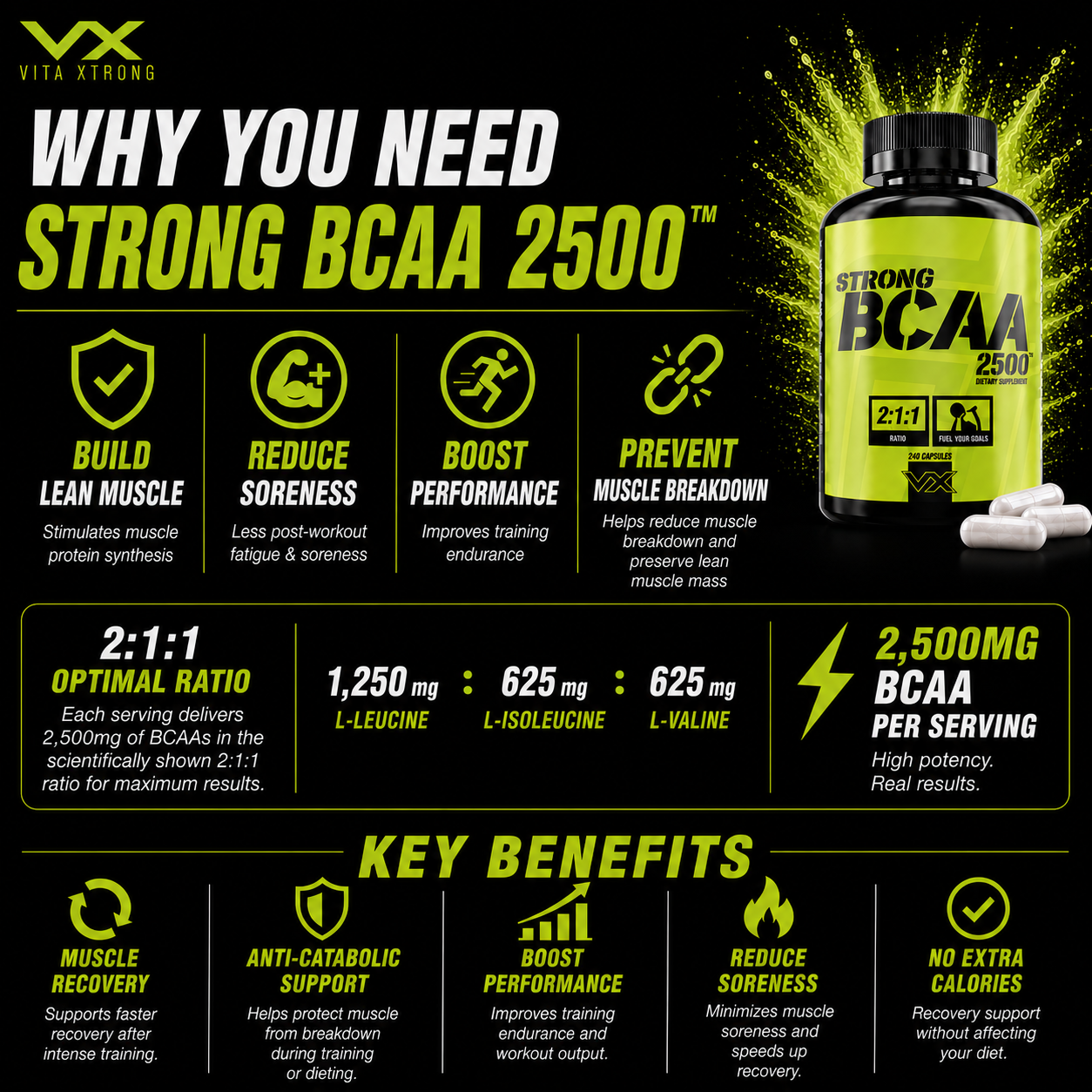 VITAXTRONG Strong BCAA 2500™ (240 / 480 capsules) | Muscle Recovery, Muscle Growth, Reduce Soreness [VX]_1