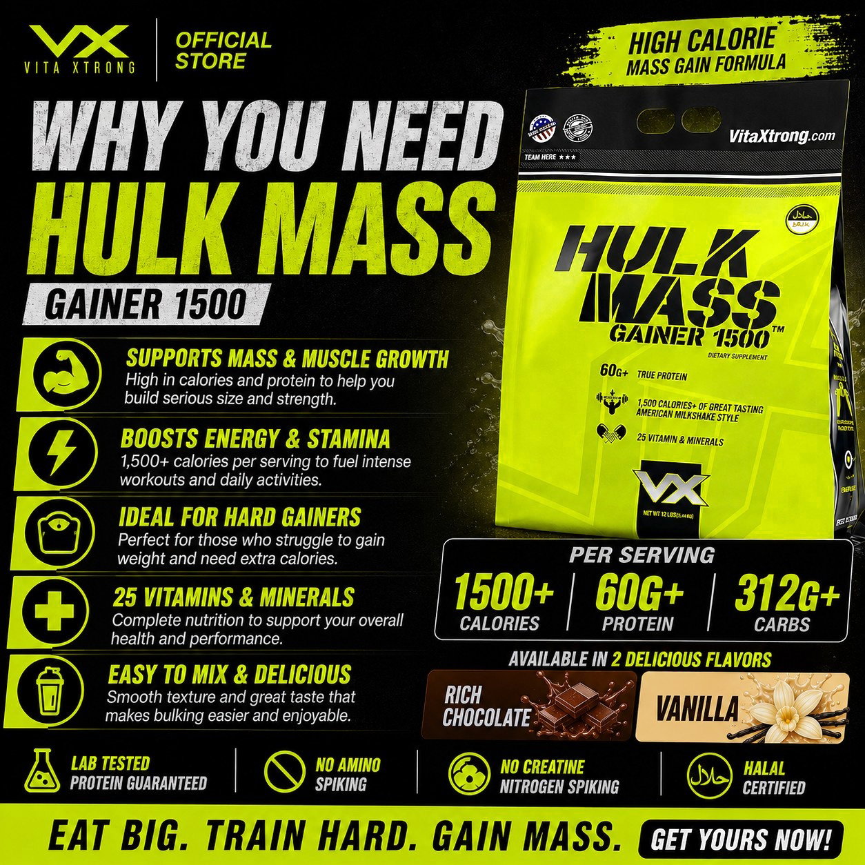 VITAXTRONG™  Hulk Mass Gainer 1500 (12lbs / 5.4kg) | 60g Real Whey Protein • 1500+ kcal High-Calorie Mass Builder • Lab-Tested • No Amino Spiking | Weight Gain & Muscle Growth [VX]_6