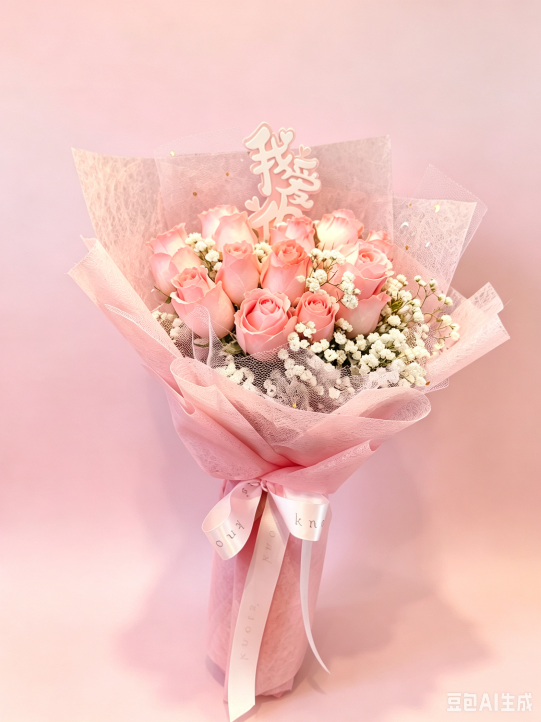 GrabMart Flower Bouquet Pink Rose 9 stalks w/Wo Ai Ni Decor Tag