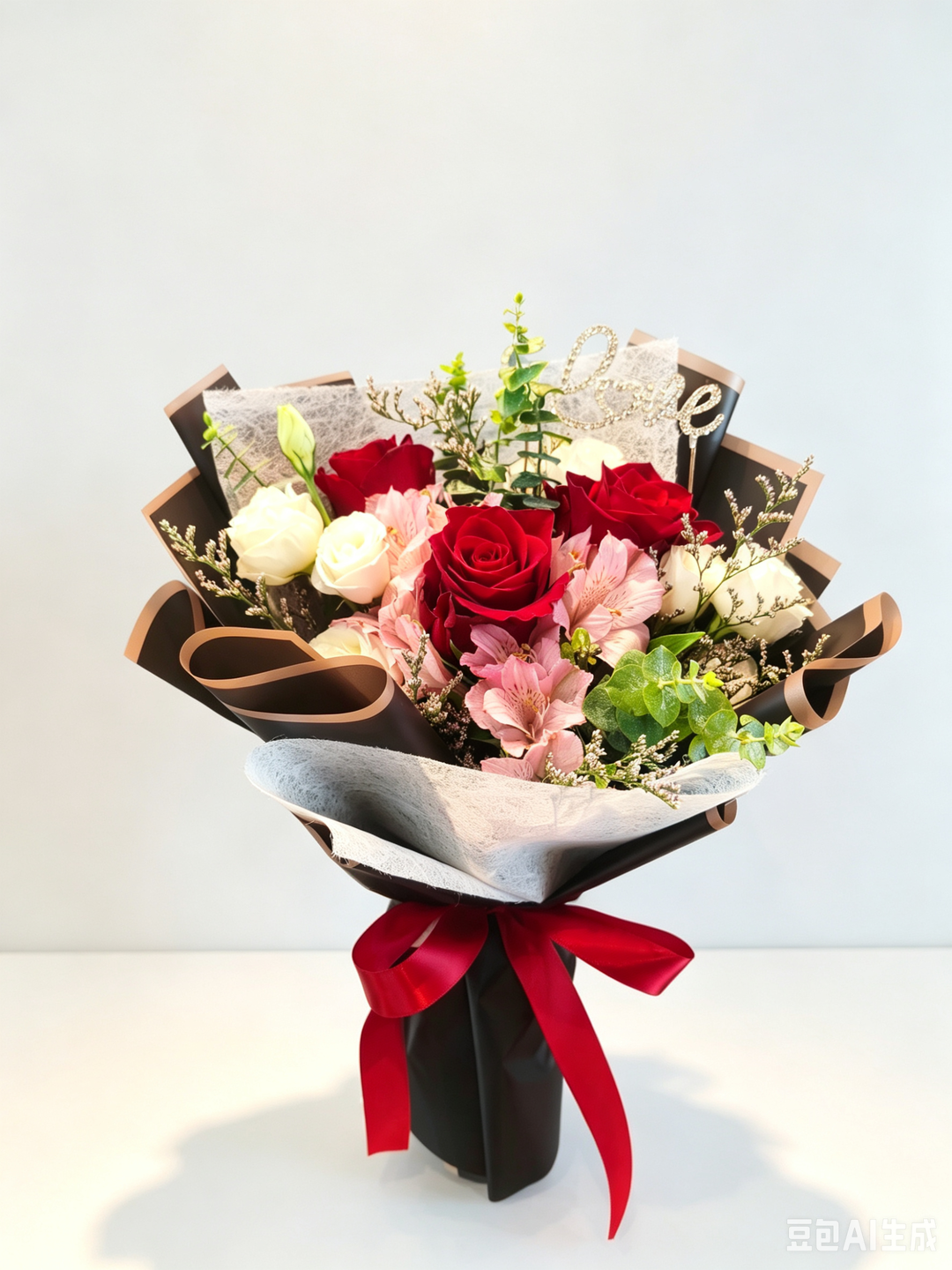 GrabMart Flower Bouquet Red Rose 3 stalks w/LOVE Decor Tag