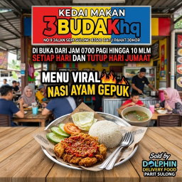 KEDAI MAKAN 3BUDAKhq NO 9 JALAN SERI SULONG 83500 BATU PAHAT JOHOR DI BUKA DARI JAM 0700 PAGI HINGGA 10 MLM SETIAP HARI DAN TUTUP HARI JUMAAT