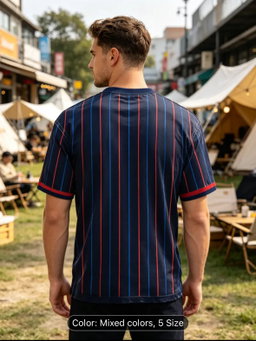 [Printed Design-Not Textured] Summer Men Round Neck Short Sleeve Red And Blue Vertical Stripes USA Themed Top, Breathable And Comfortable, Daily Sports Wear