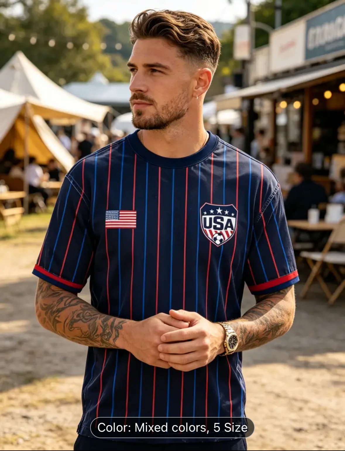 [Printed Design-Not Textured] Summer Men Round Neck Short Sleeve Red And Blue Vertical Stripes USA Themed Top, Breathable And Comfortable, Daily Sports Wear_1