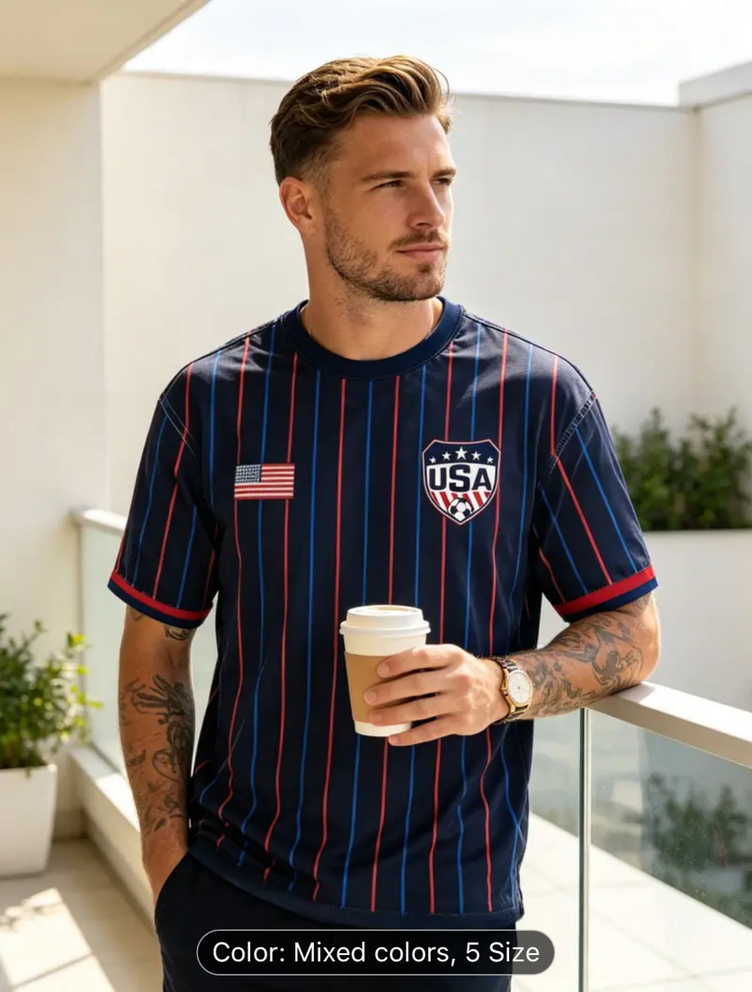 [Printed Design-Not Textured] Summer Men Round Neck Short Sleeve Red And Blue Vertical Stripes USA Themed Top, Breathable And Comfortable, Daily Sports Wear