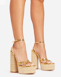 BLOCK PLATFORM STRAP HEELS -Gold