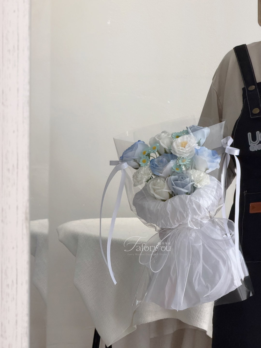 Blue White Soap Flower Mixed Transparent Bouquet