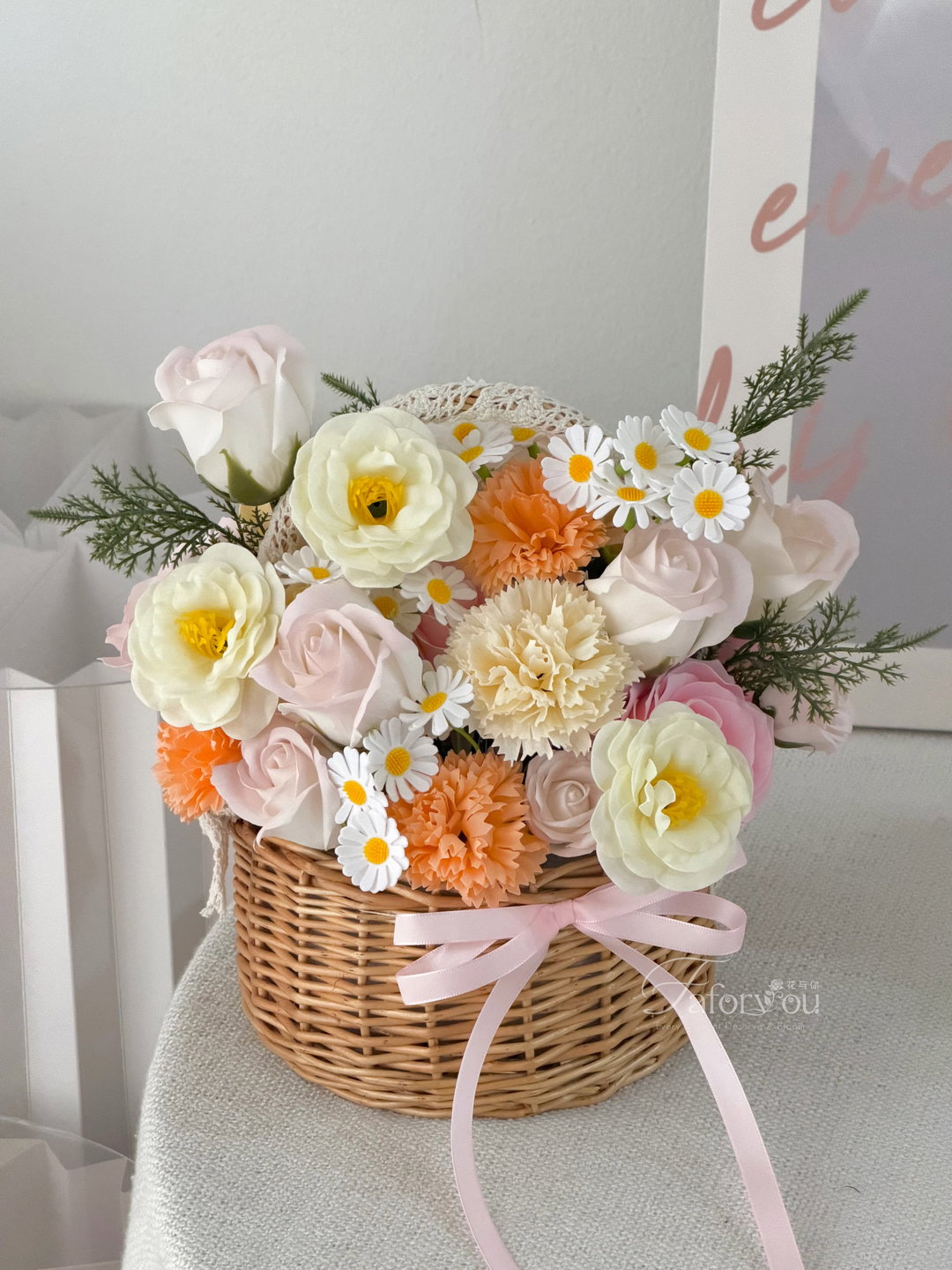 Champagne Orange Soap Flower Mixed Basket 