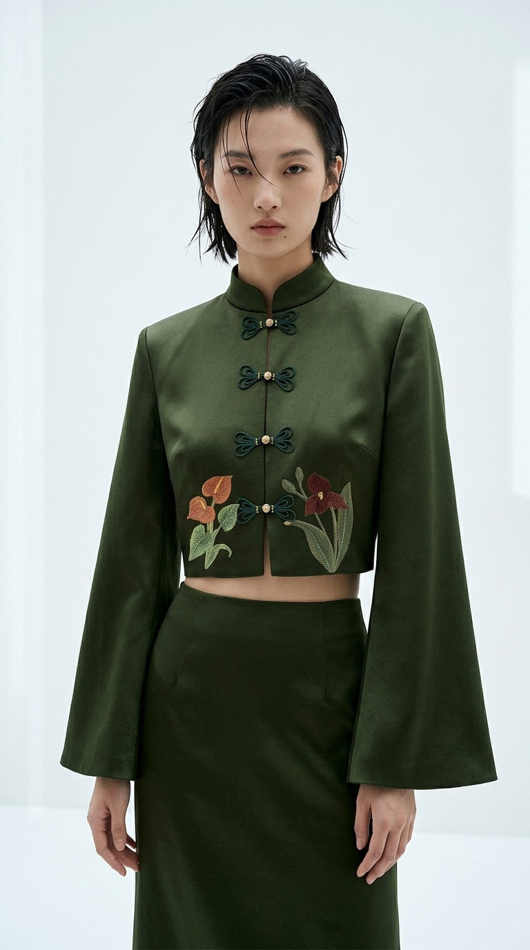 The Floral Cheongsam Jacket in Olive _4