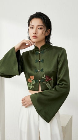 The Floral Cheongsam Jacket in Olive 