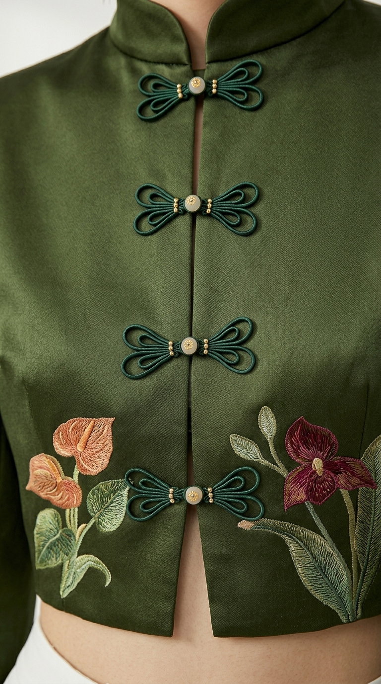 The Floral Cheongsam Jacket in Olive _3