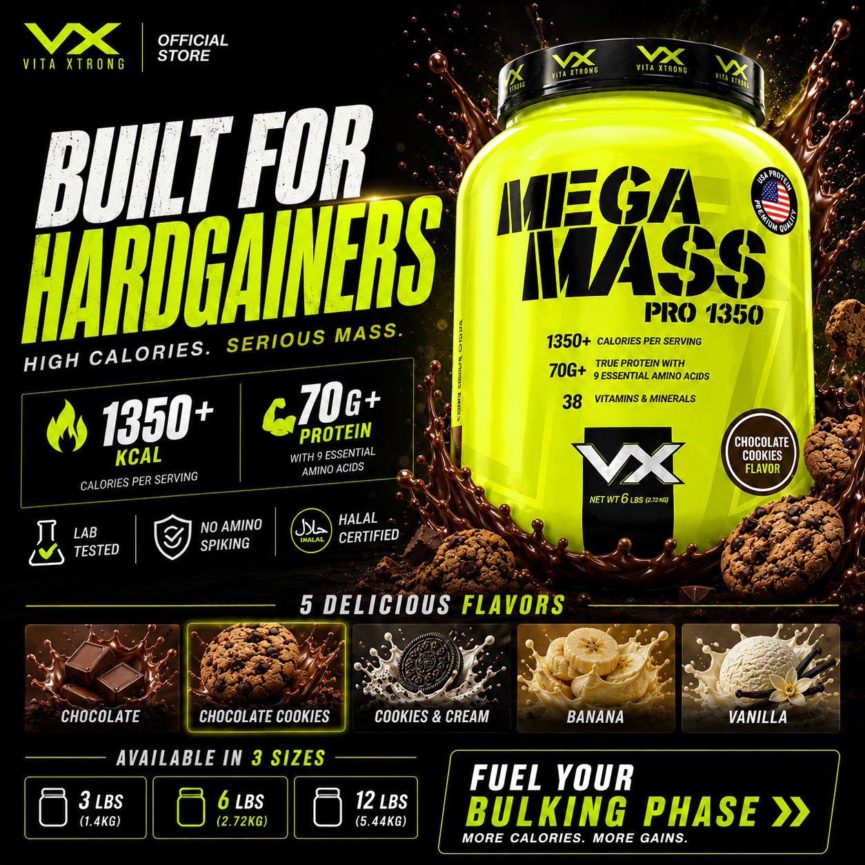 VITAXTRONG™ Mega Mass Pro 1350 | 70g Protein (12lbs/ 5.4kg) • 1350 kcal High Calorie Mass Gainer • Muscle & Weight Gain • Bulking [VX]_1