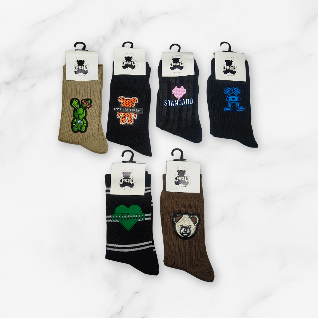 [10092] - 5 Pairs Women’s High-Cotton High-Cut Crew Socks – Breathable Shapes/Graphic Motifs _8