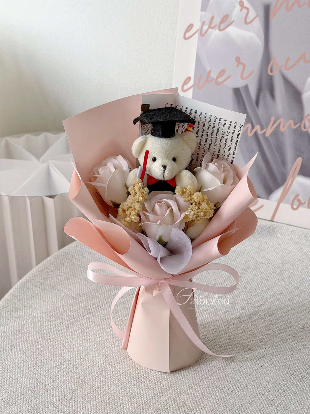 (GB020) Graduation Bear 3 Stalk Soap Rose Bouquet