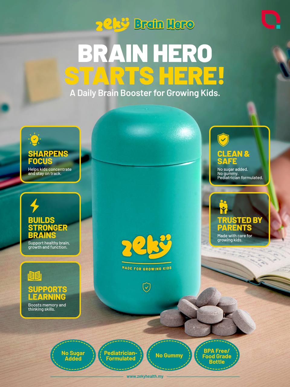 Zeky Brain Hero | Made For Growing Kids - 60 Chewable Tablets for Memory, Focus & Learning - Age 4-12 - Free Sticker Included_1
