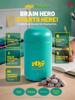 Zeky Brain Hero | Made For Growing Kids - 60 Chewable Tablets for Memory, Focus & Learning - Age 4-12 - Free Sticker Included