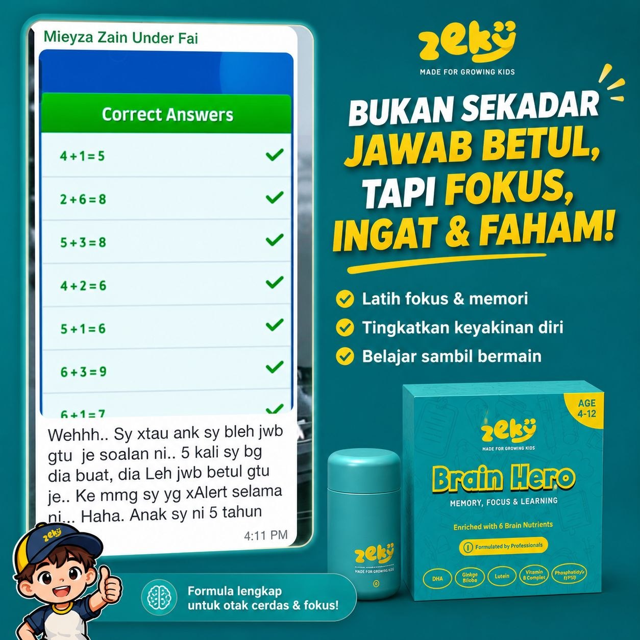 Zeky Brain Hero | Made For Growing Kids - 60 Chewable Tablets for Memory, Focus & Learning - Age 4-12 - Free Sticker Included_4