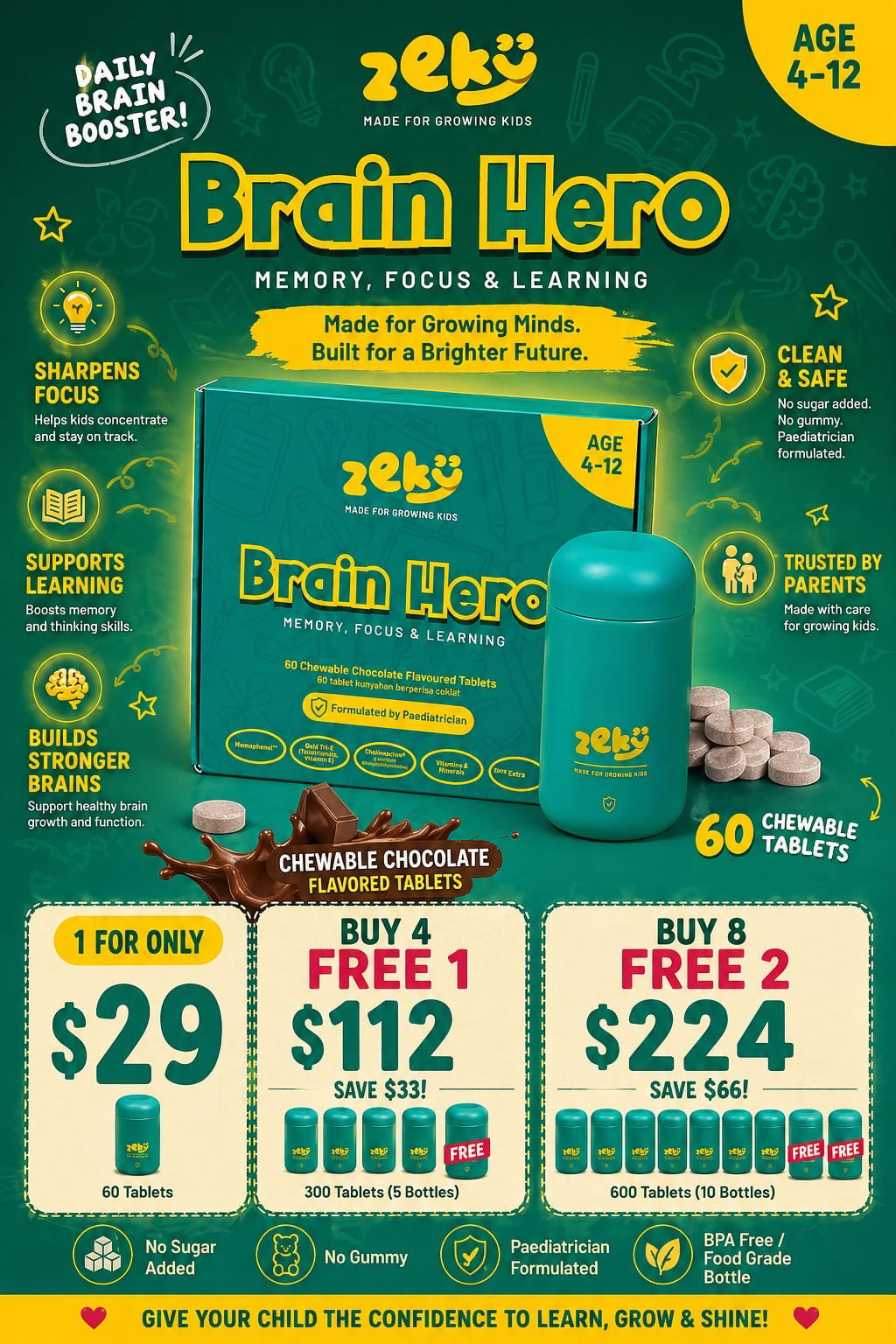 Zeky Brain Hero | Made For Growing Kids - 60 Chewable Tablets for Memory, Focus & Learning - Age 4-12 - Free Sticker Included_5