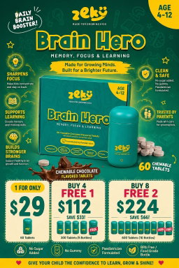 Zeky Brain Hero | Made For Growing Kids - 60 Chewable Tablets for Memory, Focus & Learning - Age 4-12 - Free Sticker Included