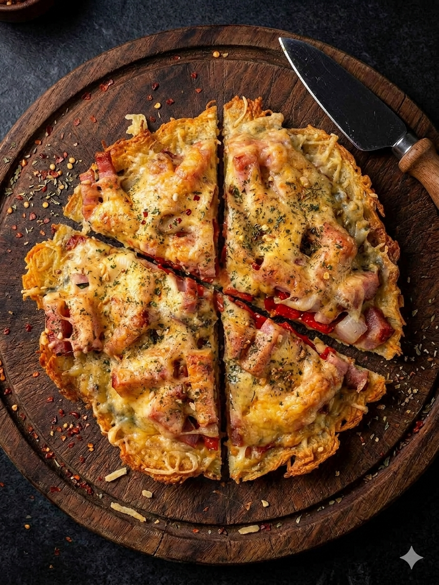 Pizza Rústica de Papa con Panceta y Morrón Asado
