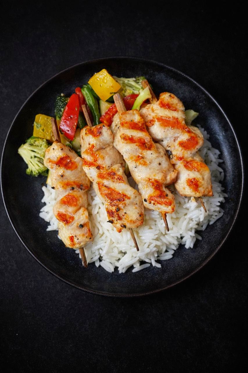 Шашлычки из куриной грудки с запеченными овощами и рисом Жасмин_0