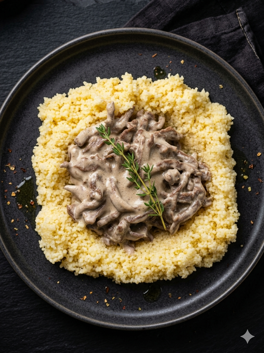 Бефстроганов из говядины с грибами с кус кус