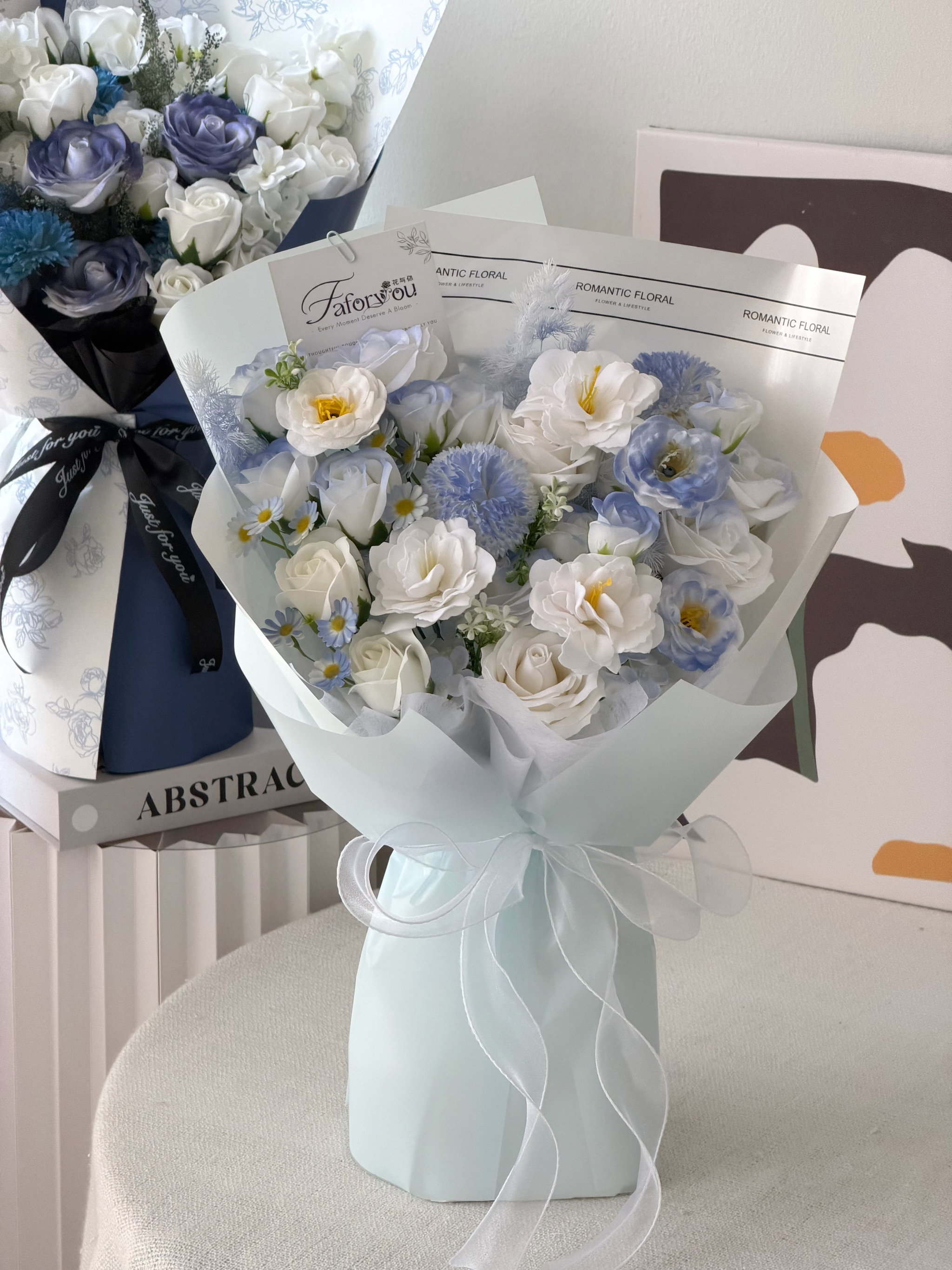 Moonlight Blue White Soap Flower Bouquet _2