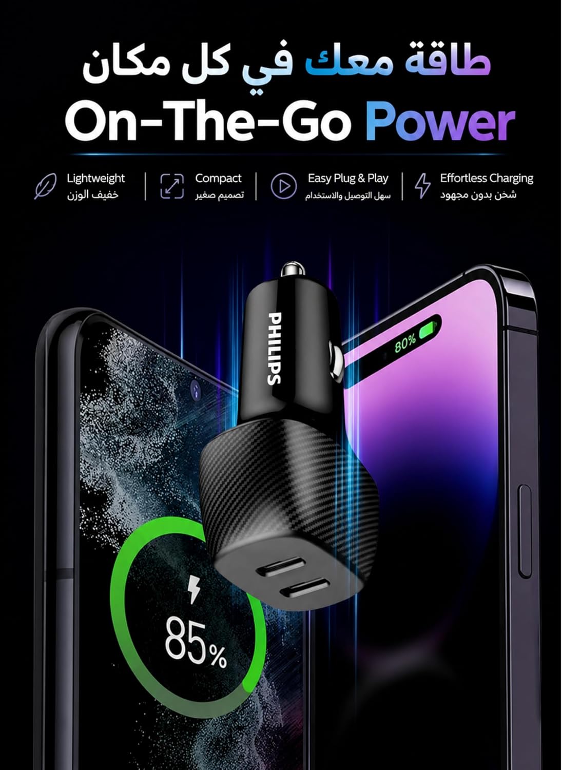 Philips Chargeur de voiture 60 W double USB-C | Charge rapide PD 3.0