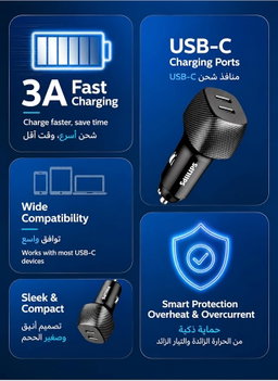 Philips Chargeur de voiture 60 W double USB-C | Charge rapide PD 3.0