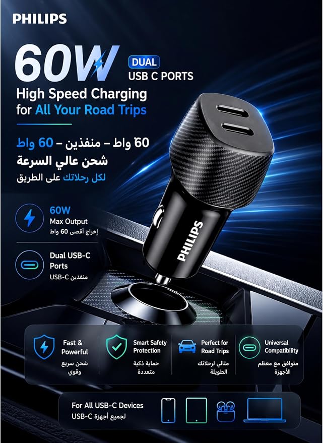 Philips Chargeur de voiture 60 W double USB-C | Charge rapide PD 3.0_2