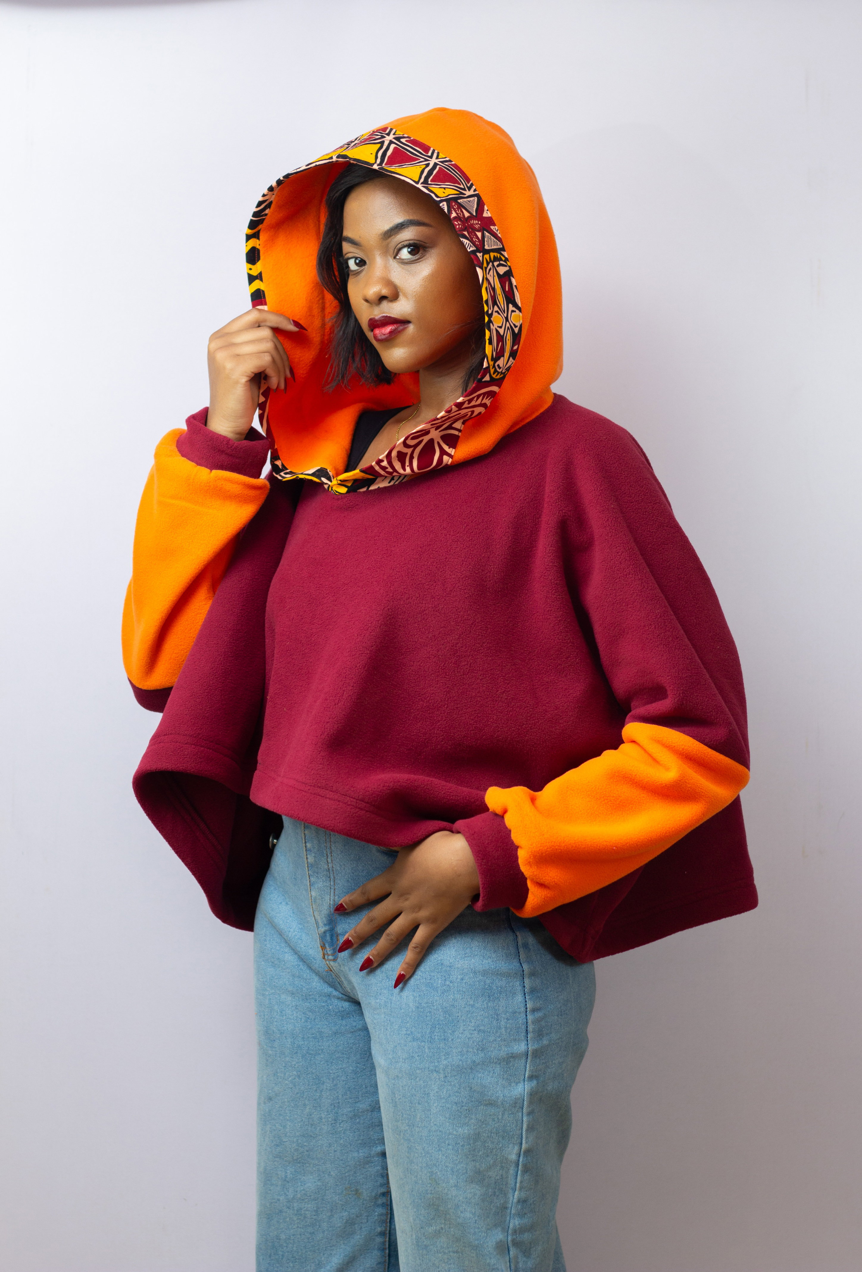 Barizi Hoodie, Fleece, Maroon and Orange